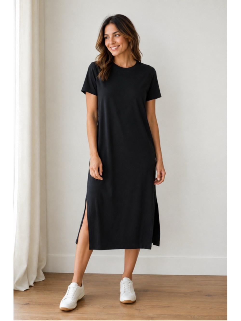 COS T-Shirt Midi Dress L Black Side Slits Minimalist Beach Travel Boho Resort